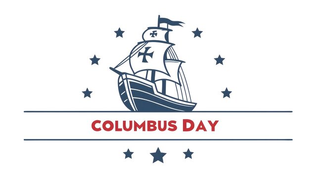 Vintage columbus day illustration featuring a sailing ship and stars on a white background