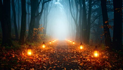 Obraz premium Lanterns glowing on autumn leaves in dense foggy forest