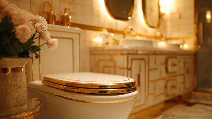Luxury bathroom interior with gold accents and white fixtures