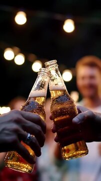 Cheers to Friendship People Toasting with Beer Bottles at an Outdoor Gathering