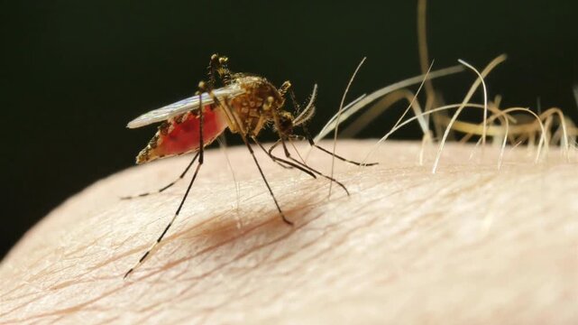 mosquito that carries dengue fever, Zika and malaria virus is sucking blood on a person skin health
