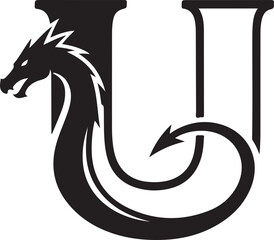 Majestic dragon silhouette embracing the letter u in a bold and elegant design