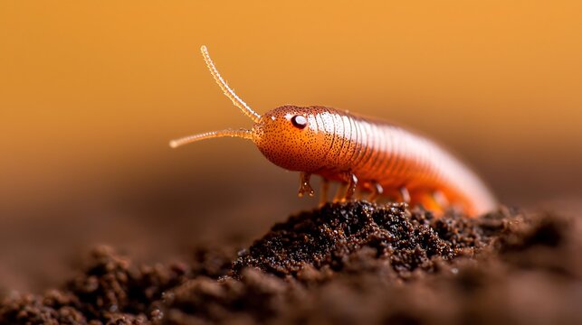 Tiny orange woodlouse crawling on damp soil with blurred background