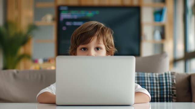 A young child is deep in thought, coding away, tackling tough problems on a laptop during an exciting competition.