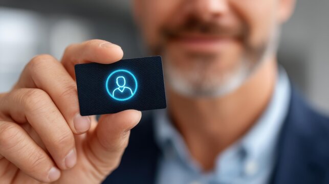 A businessman presents a digital ID card, highlighting modern authentication methods for secure and private business dealings.