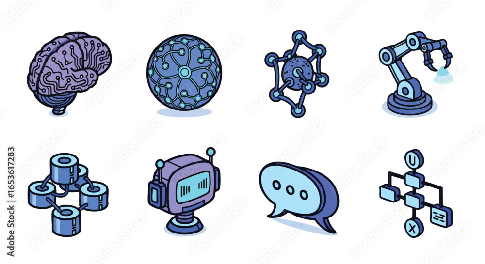 Poster modern isometric ai technology and data icons set, artificial intelligence, machine learning, automa