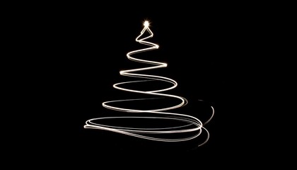 Abstract white light trail Christmas tree on a dark black background, magical light painting art