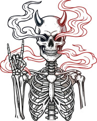 A skeleton with devil horns raises a "rock on" hand gesture, surrounded by smoke in black, white, and red.