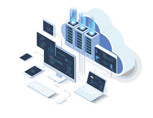 Isometric cloud computing setup with light blue and white theme