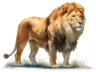 Obraz premium A majestic male lion with a thick mane stands proudly on a small patch of grass looking watchful and strong.