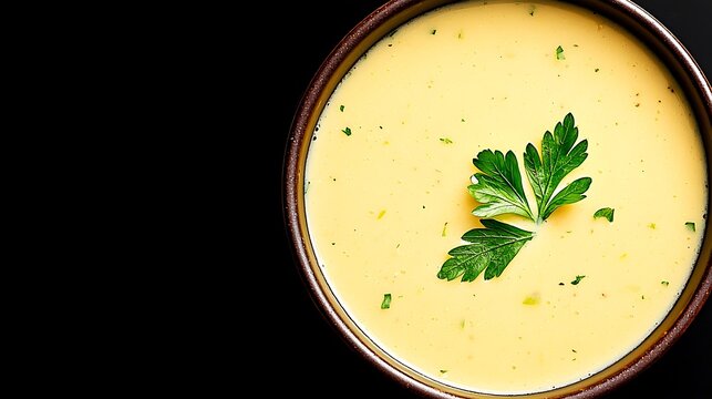 Creamy yellow soup with fresh parsley garnish in a bowl