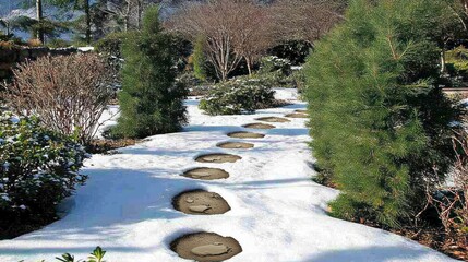 A serene winter garden scene with stepping stones and snow-covered landscapes creating a tranquil