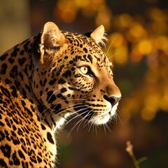 Obraz premium A majestic leopard, with its striking golden coat adorned with dark rosettes, intently gazes into the distance, its keen eyes focused and alert.