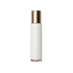White cylindrical cosmetic bottle with gold cap.