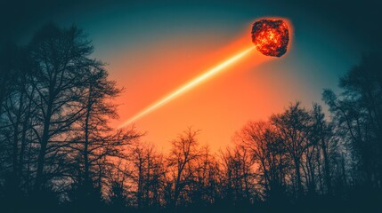 Meteor hurtling towards earth amidst trees against a vibrant sky backdrop