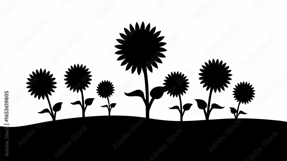 Poster silhouette of sunflowers in a field against a white background creating a simple and elegant design