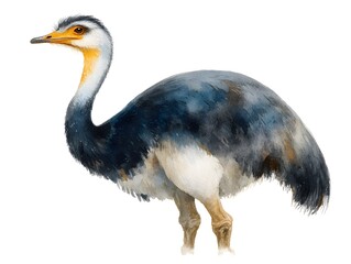 Fototapeta premium A single watercolor painting showcases a white necked seriemas bird with intricate details on white background.