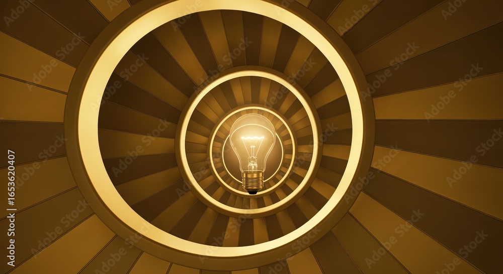 Poster enlightened perspective: an illuminated light bulb radiates within concentric, circular patterns, sy