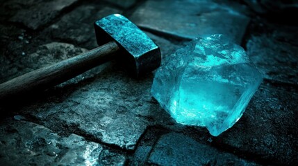 Hammer striking crystal formation revealing hidden power beneath darkness