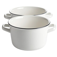 Classic Cookware Isolated On White Background: Two white, minimalist cooking pots with black trim, showcasing clean lines and functionality perfect for any kitchen.