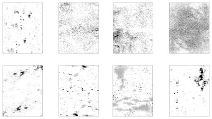 Grunge overlay textures with dust grain isolated on white background. Distressed paper with old, worn overlay effect. 