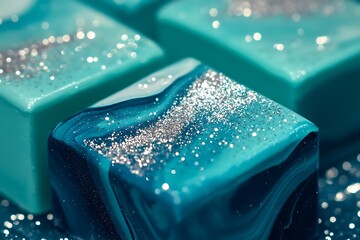 Sparkling marble ink in bright aqua and deep teal with fine silver glitter particles that create a magical glowing effect