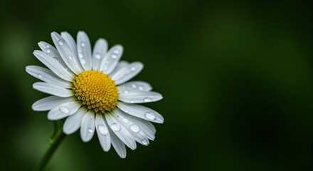 Obraz premium Daisy in Focus: A single daisy stands out against a dark background, its pristine white petals and bright yellow center illuminated with delicate water droplets.