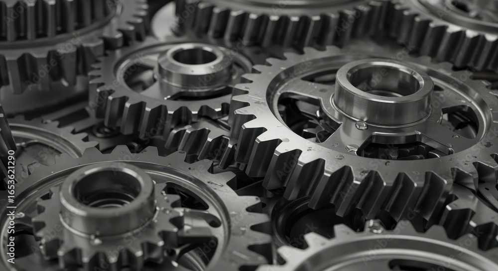 Poster interlocking gears: a detailed shot of interconnected metal gears, symbolizing precision, collaborat