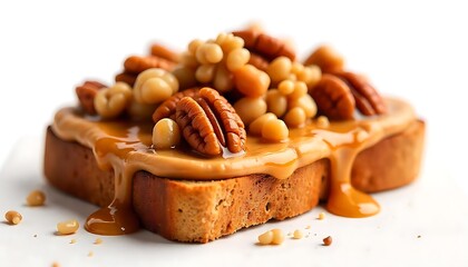 Indulge in this delicious toast topped with peanut butter, pecans, macadamia nuts, and dripping caramel sauce on white background.