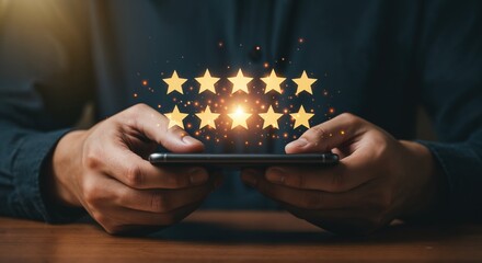 Shining Stars: Person gazing at five stars on screen, capturing the essence of exceptional service and positive feedback, all in one image.
