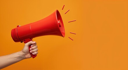 Announcement: The vivid red megaphone is held aloft, broadcasting a message against a vibrant orange backdrop. This image represents a call to action, attention, and the power of communication.