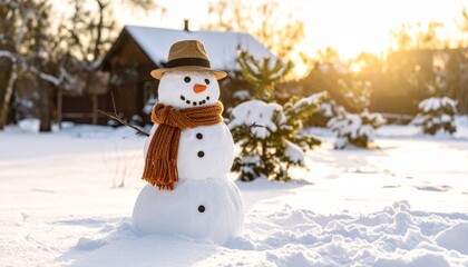 Obraz premium Cheerful Snowman Wearing a Hat and Scarf in a Sunny Winter Backyard with Golden Light