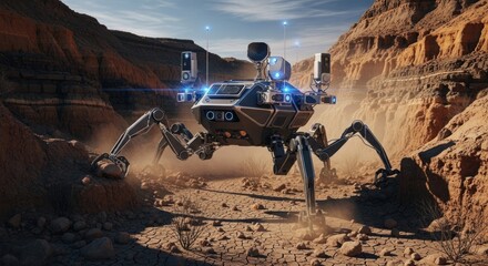Autonomous robotic explorer surveying a remote planetary desert environment with futuristic