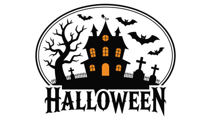 Halloween Haunted House Vector with Bats and Graveyard Silhouette