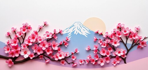 Layered paper cut sakura blossoms, Fuji mountain, sun; abstract Japanese spring background,  craft,  landscape