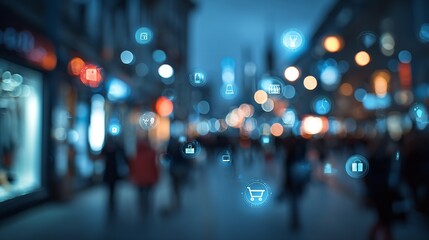 Seamless Digital Integration into Urban Retail Environment with Floating E-commerce Icons Creating Futuristic Shopping Experience