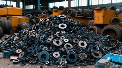 Industrial graveyard: A mountain of discarded auto parts and rubber tires recycling yard