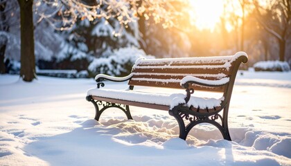 Beautiful park bench covered in snow in a tranquil winter park with trees, illuminated by warm golden morning sunlight, magical and peaceful.