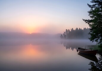 Obraz premium Tranquil Dawn Reflecting on Misty Lake Waters with Wooden Boat Serenity Scenery