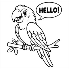 Cartoon Parrot Talking Vector. Cute Parrot Saying Hello. Bird Coloring Page Illustration.