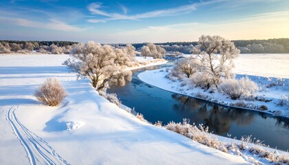 Serene aerial view of a winding river in a vast snow-covered winter landscape with frosted trees, tranquil scenery