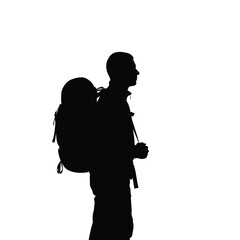 Vector illustration of silhouette of a hiker with a backpack isolated on white background