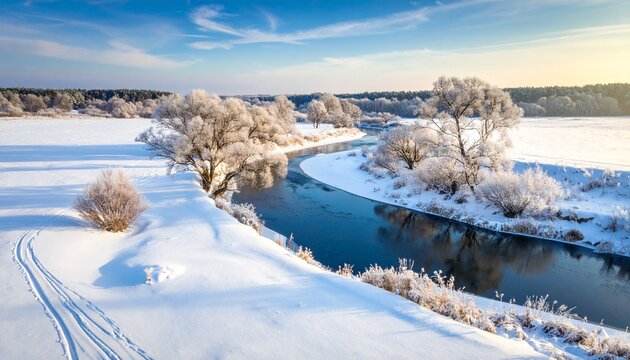 Serene aerial view of a winding river in a vast snow-covered winter landscape with frosted trees, tranquil scenery - Powered by Adobe
