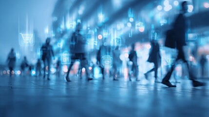 E-commerce and Digital Lifestyle Blending: People Walking Among Shopping Icons for Online Transactions