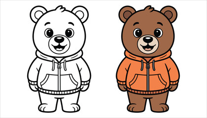 Cute Cartoon Bear Vector Illustration in Hoodie. Color and Outline Style for Kids Coloring Pages.