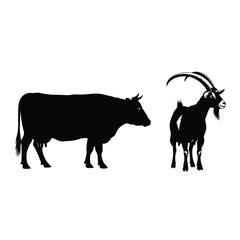 Vector illustration of cow and goat silhouette isolated on white background