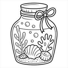 Seashell Jar Vector Illustration with Ocean Elements and Coral Outline