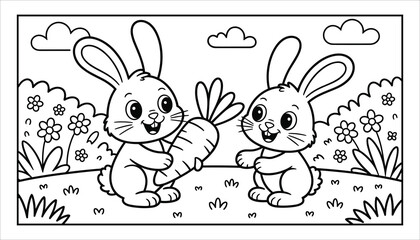 Cute Bunny Coloring Page Vector. Cartoon Rabbits with Carrot. Kids Animal Illustration.