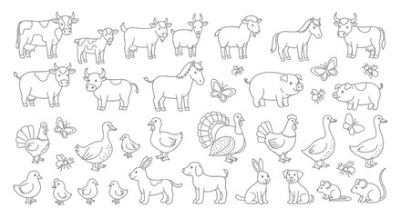 Vector illustration of collection of farm animals and pets in line art style isolated on white background