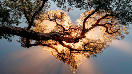 Naklejka premium heart shaped tree canopy glowing with sunlight rays 